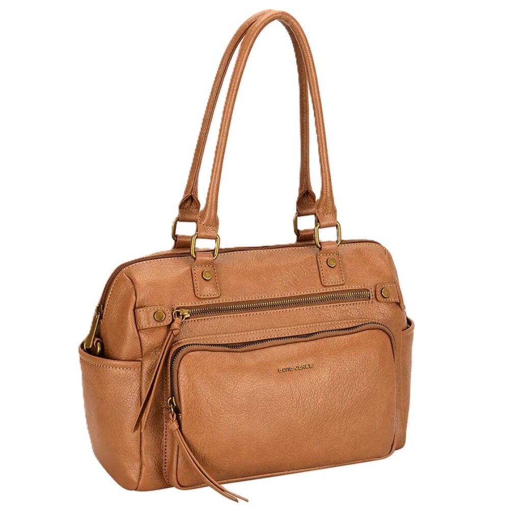 David Jones Paris Women Fashion Zipper PU Leather Shoulder Handbag - Cognac